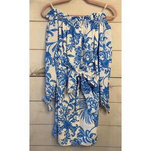 Lilly Pulitzer XS Blue White Floral Cotton Off Shoulder Dress Belted Long Sleeve